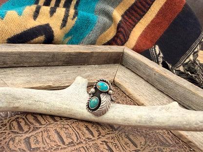Two Turquoise Stone and Feather Ring Size 6.25