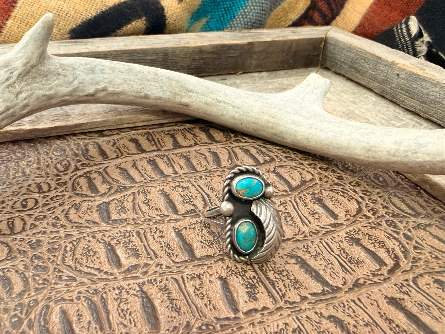 Two Turquoise Stone and Feather Ring Size 6.25