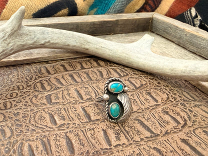 Two Turquoise Stone and Feather Ring Size 6.25