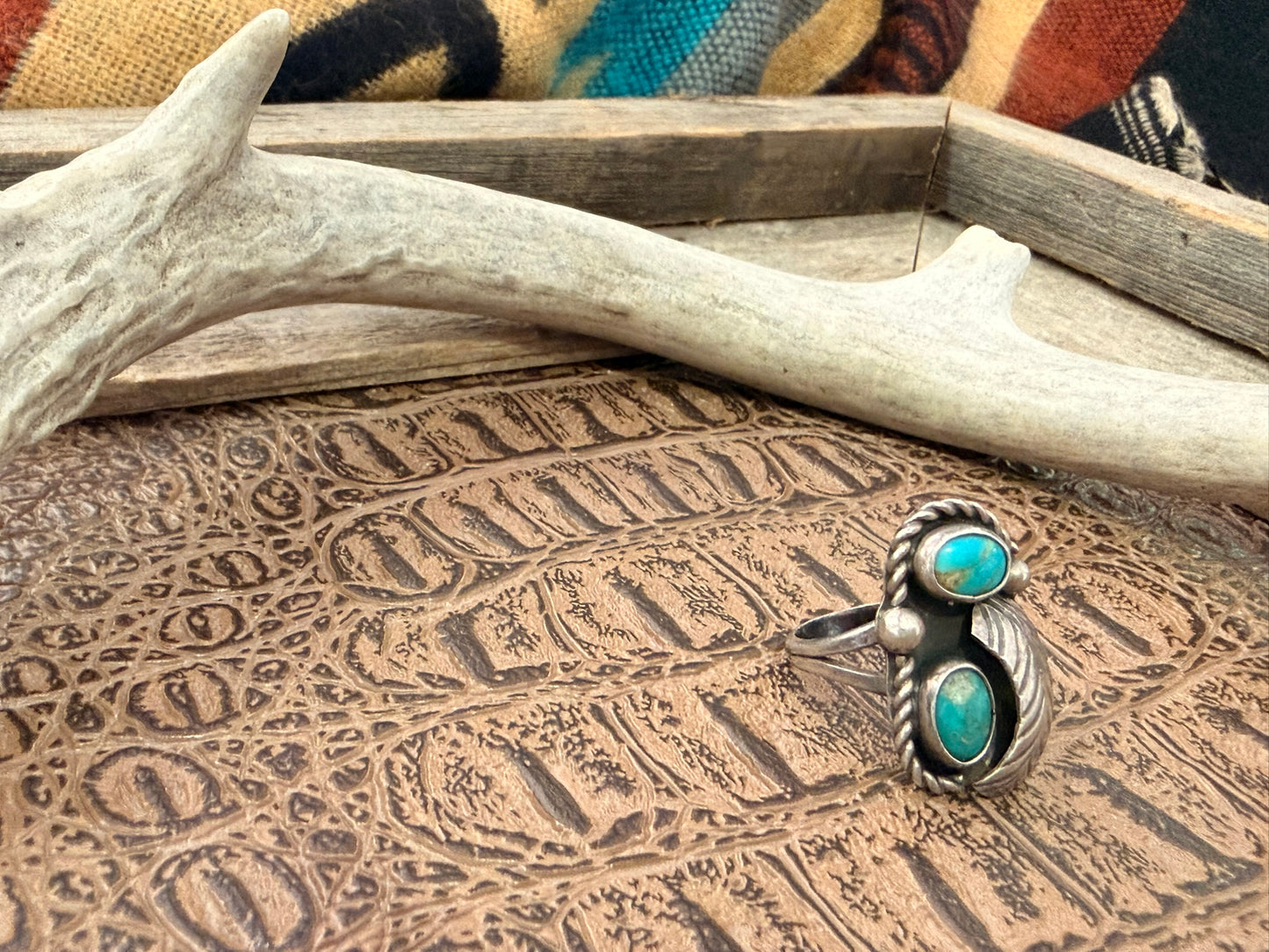 Two Turquoise Stone and Feather Ring Size 6.25