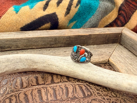Turquoise and Coral Floral Ring Size 6
