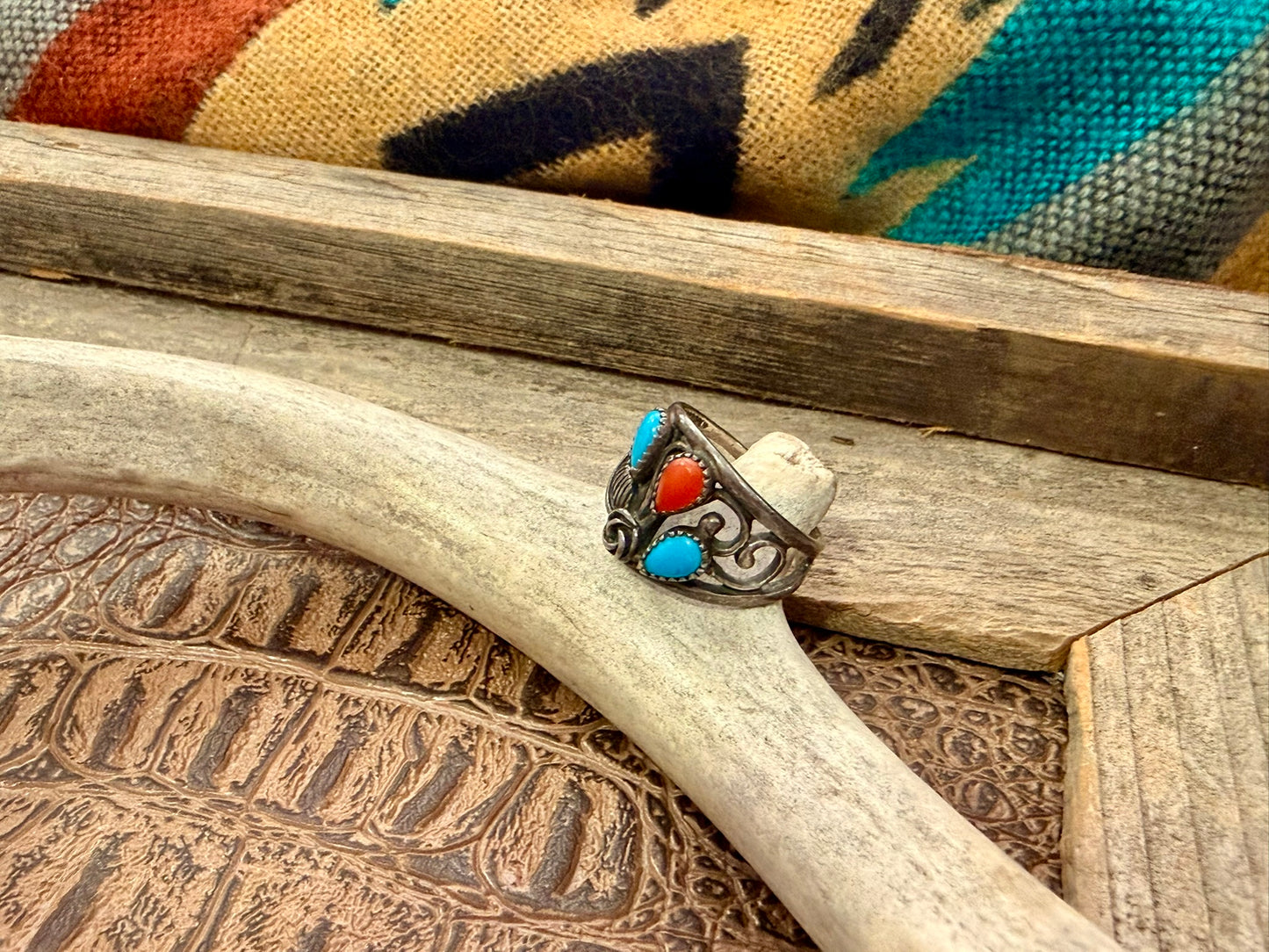 Turquoise and Coral Floral Ring Size 6