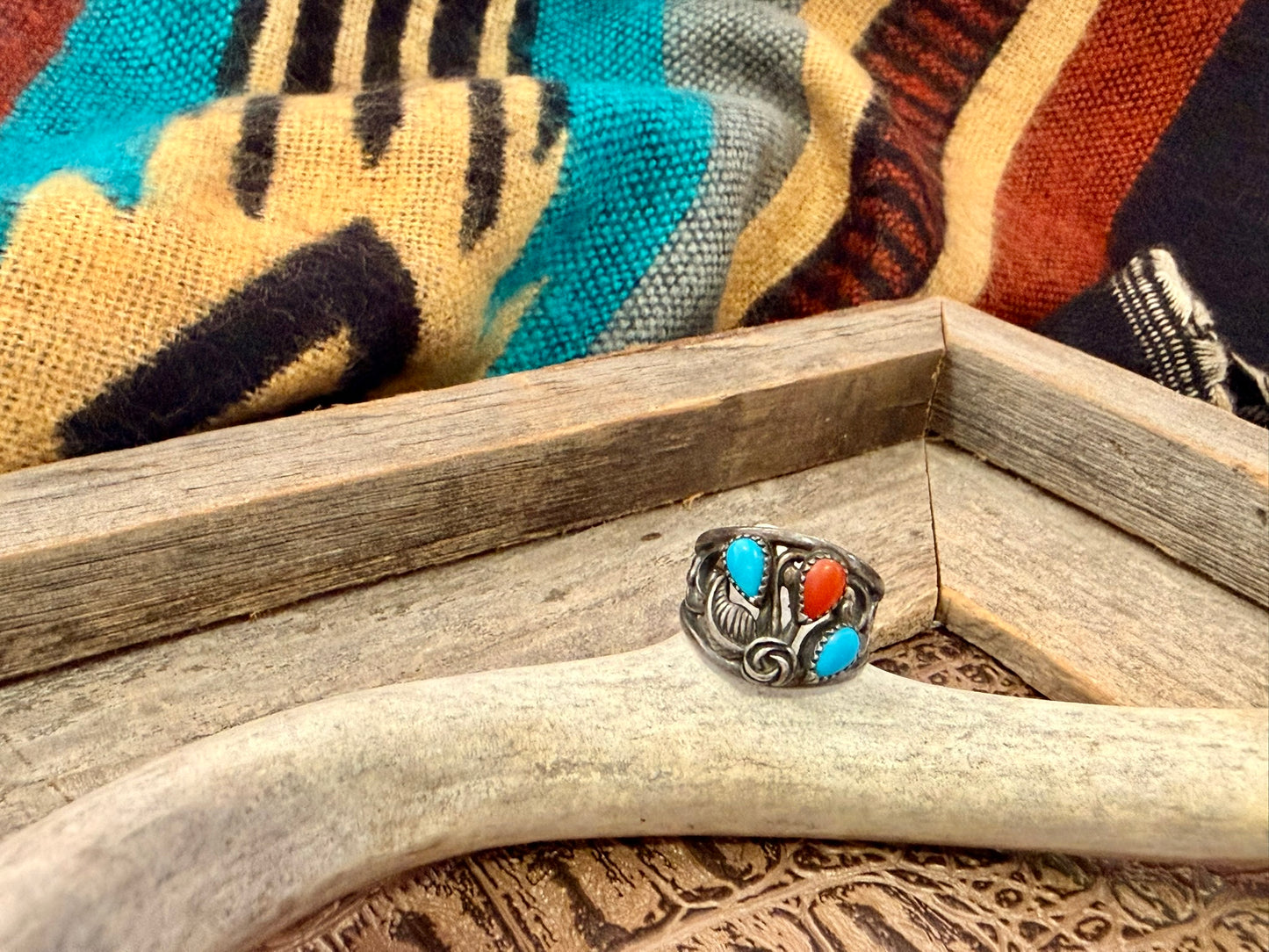 Turquoise and Coral Floral Ring Size 6