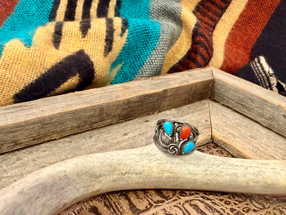 Turquoise and Coral Floral Ring Size 6