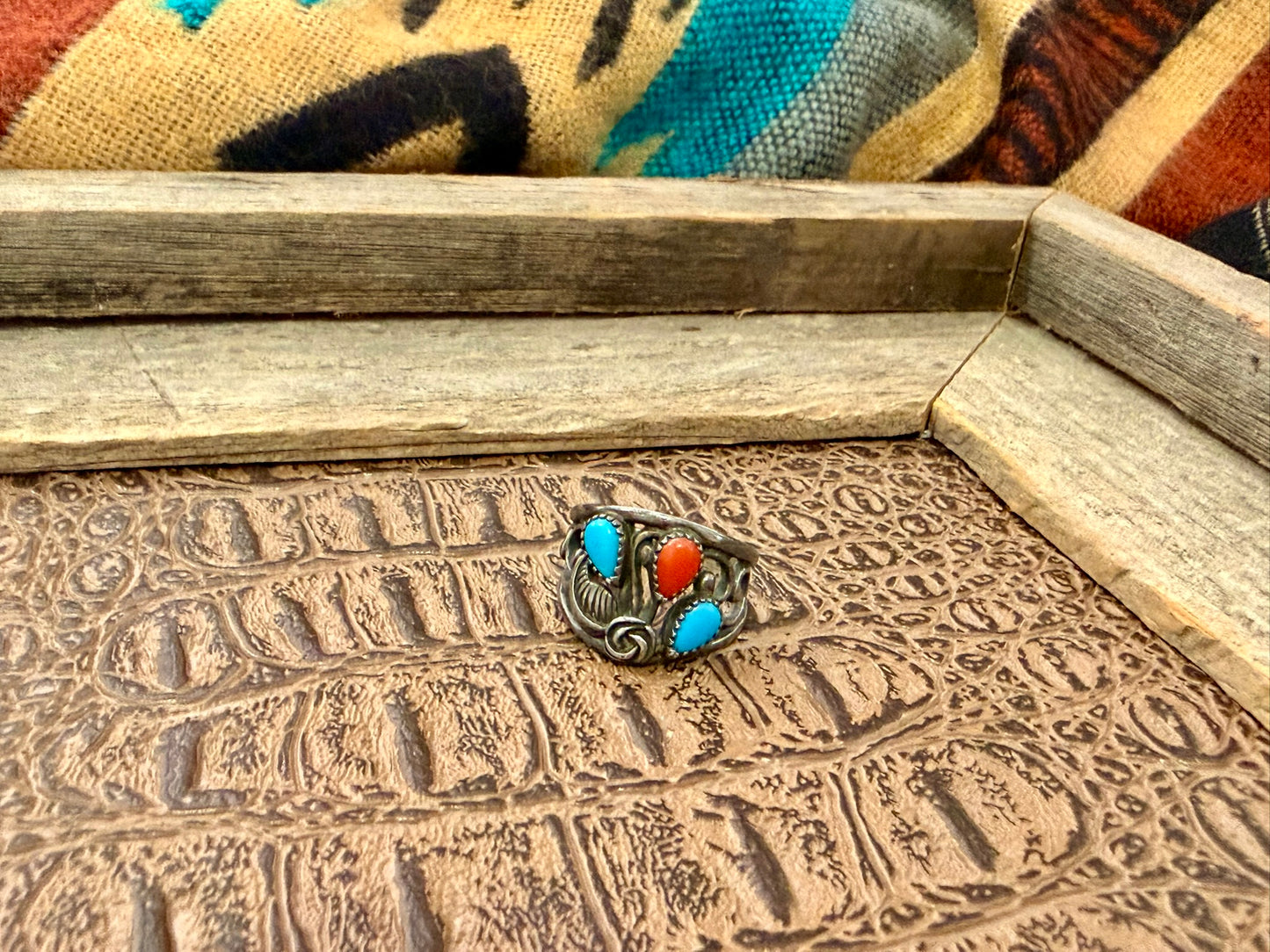 Turquoise and Coral Floral Ring Size 6