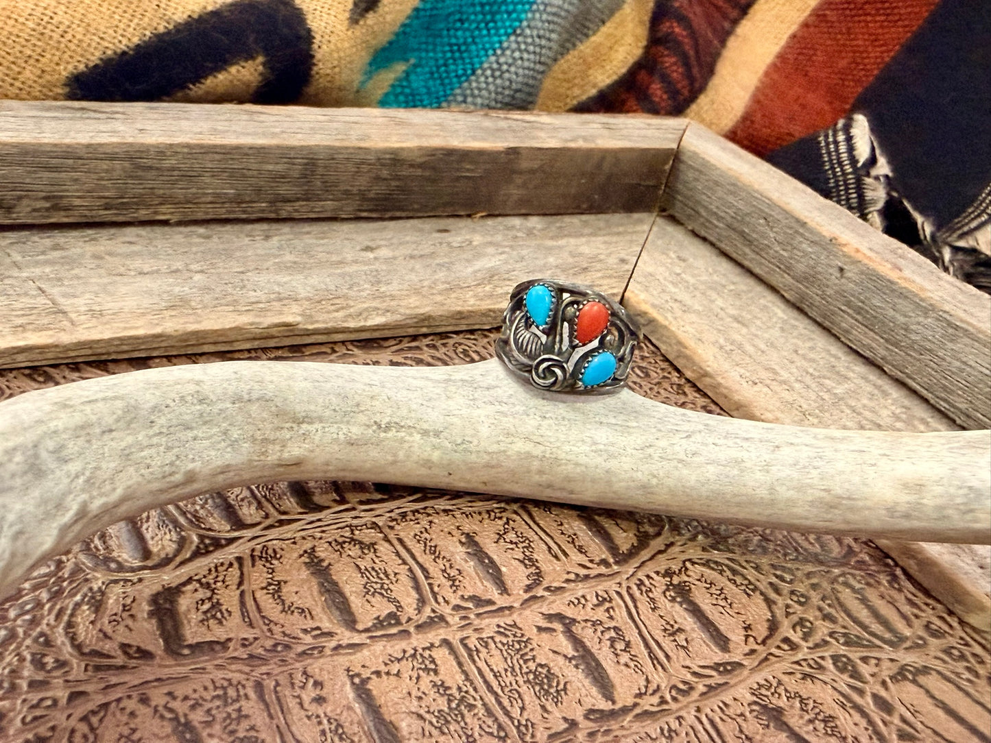 Turquoise and Coral Floral Ring Size 6