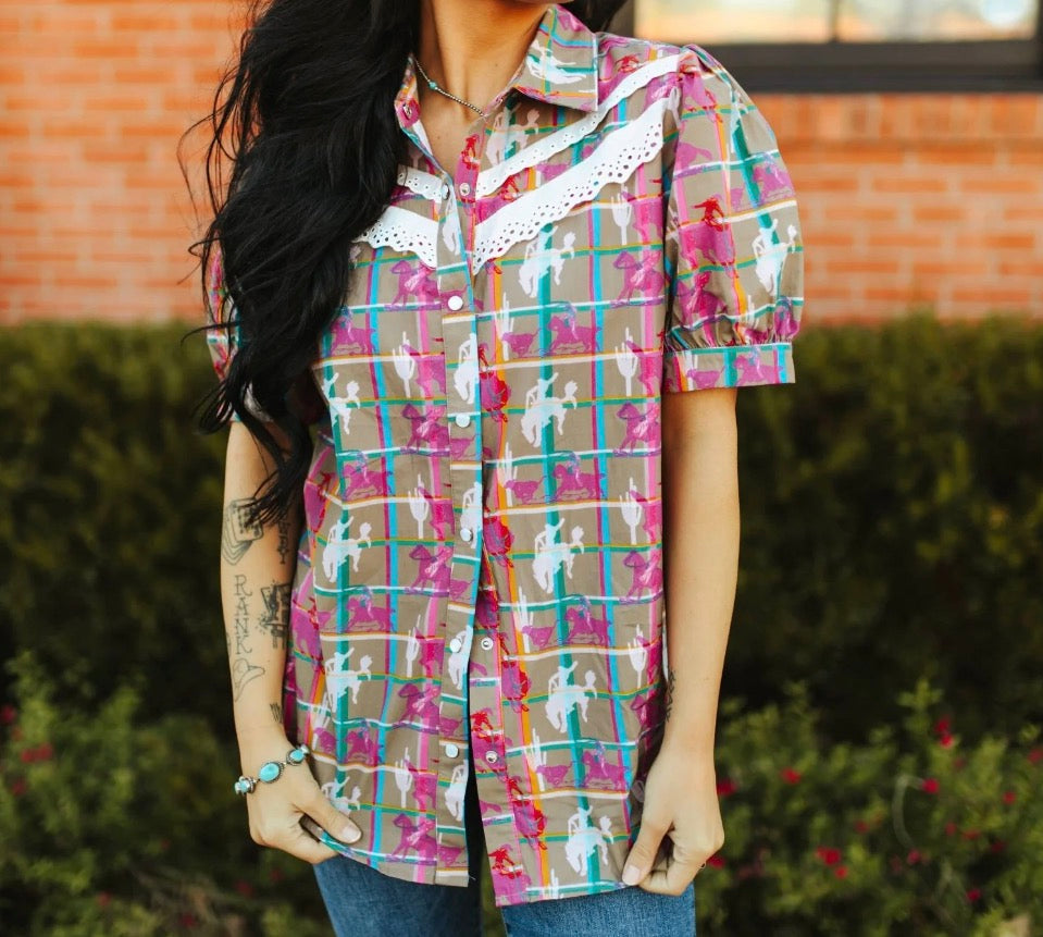 Pink Posse Plaid Lace Top