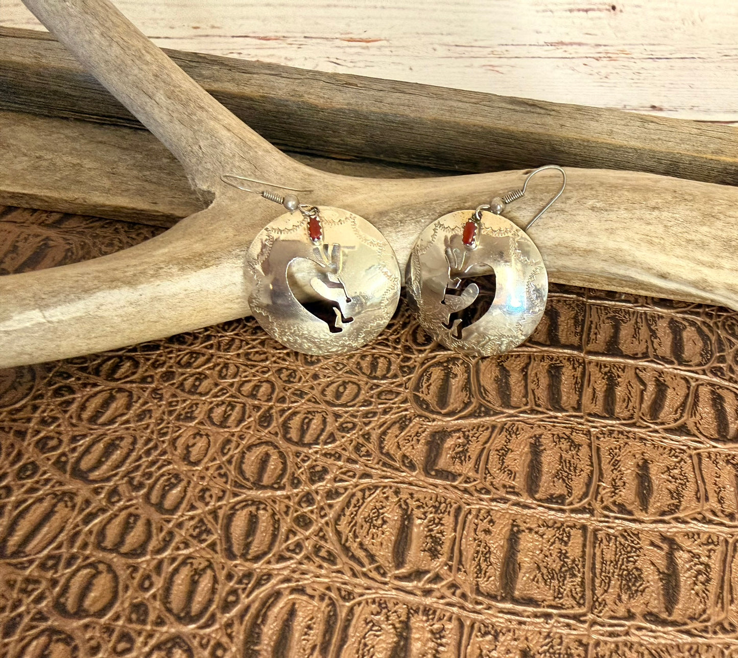 Vintage Concho Kokopelli Coral Earrings