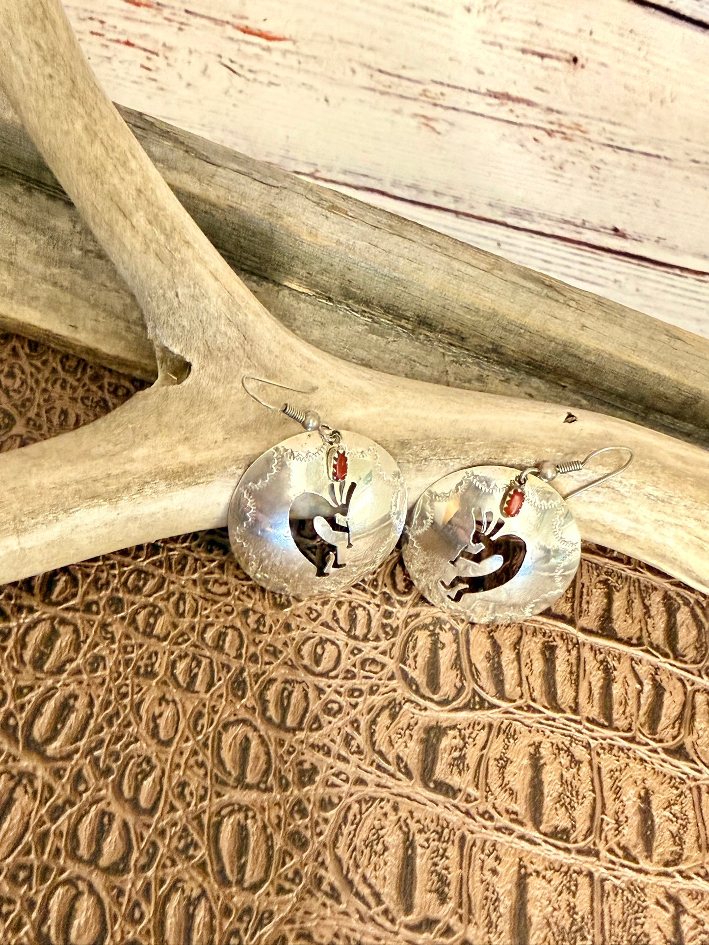 Vintage Concho Kokopelli Coral Earrings