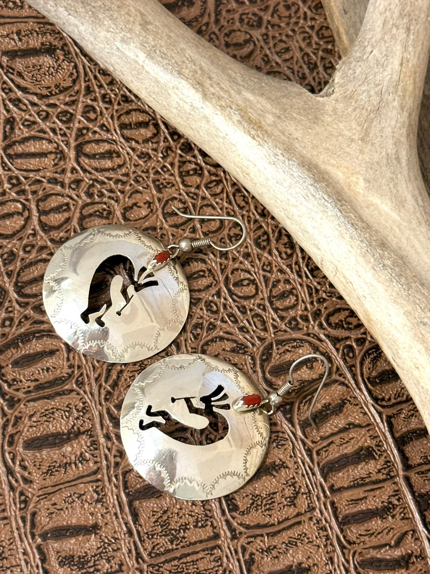 Vintage Concho Kokopelli Coral Earrings