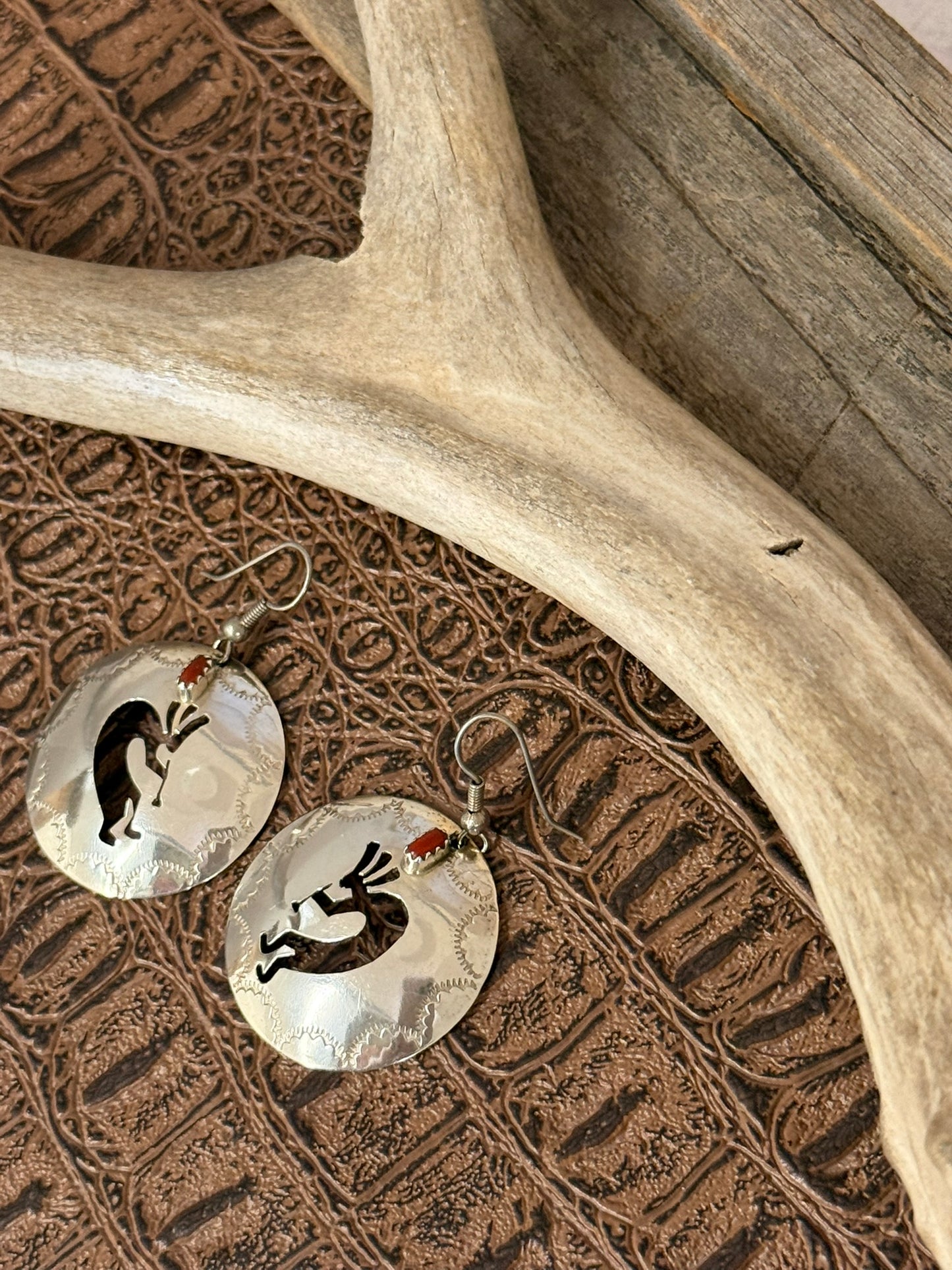 Vintage Concho Kokopelli Coral Earrings