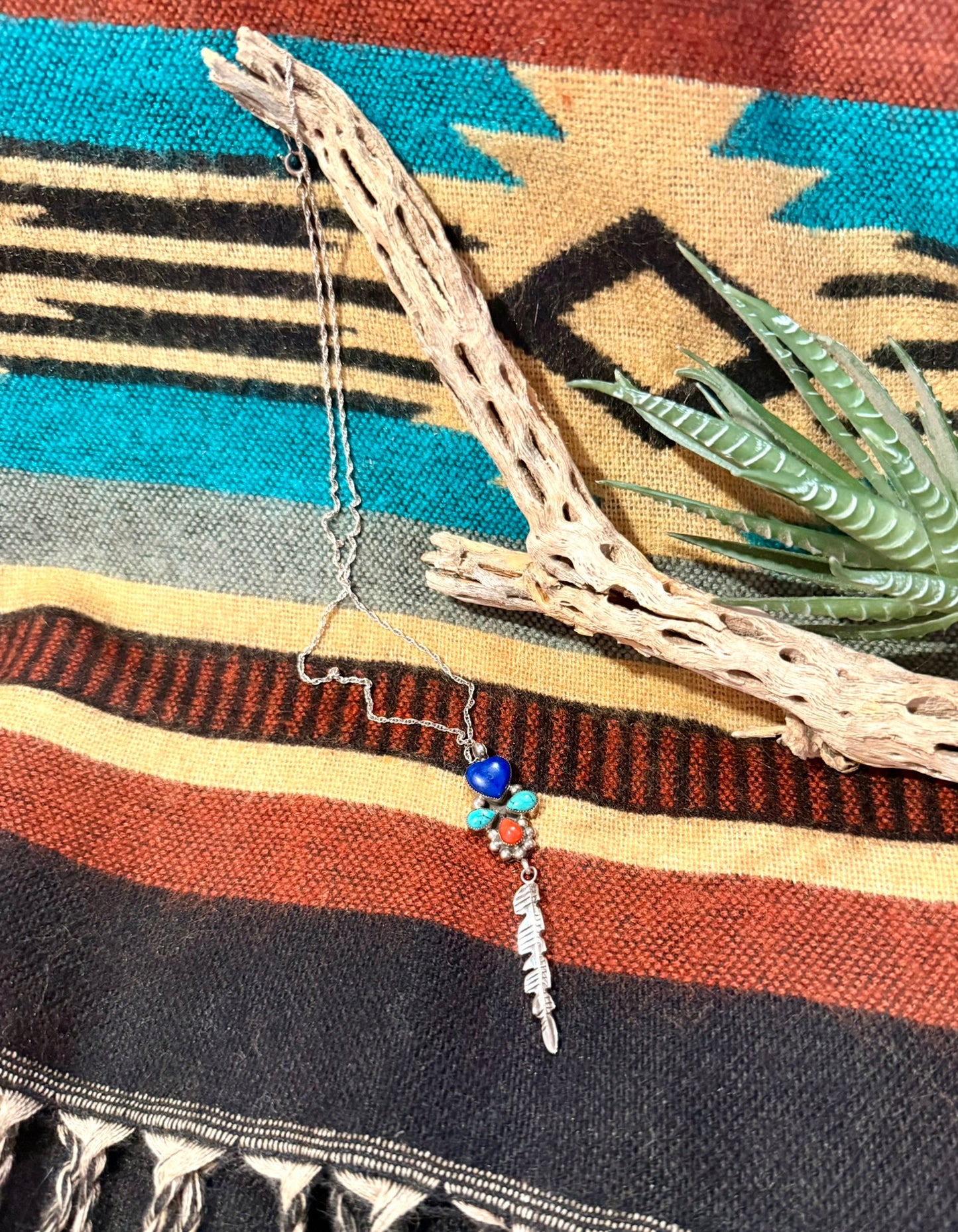 Lapis Heart, Turquoise and Coral Feather Necklace