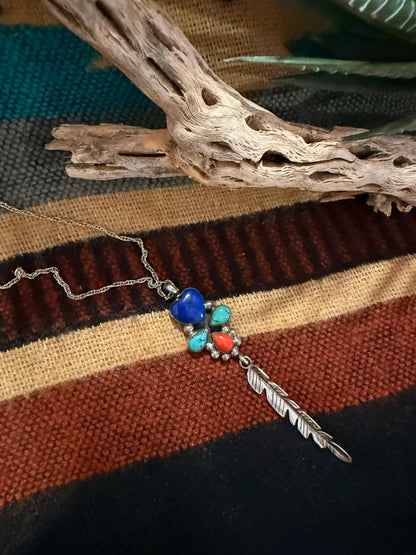 Lapis Heart, Turquoise and Coral Feather Necklace