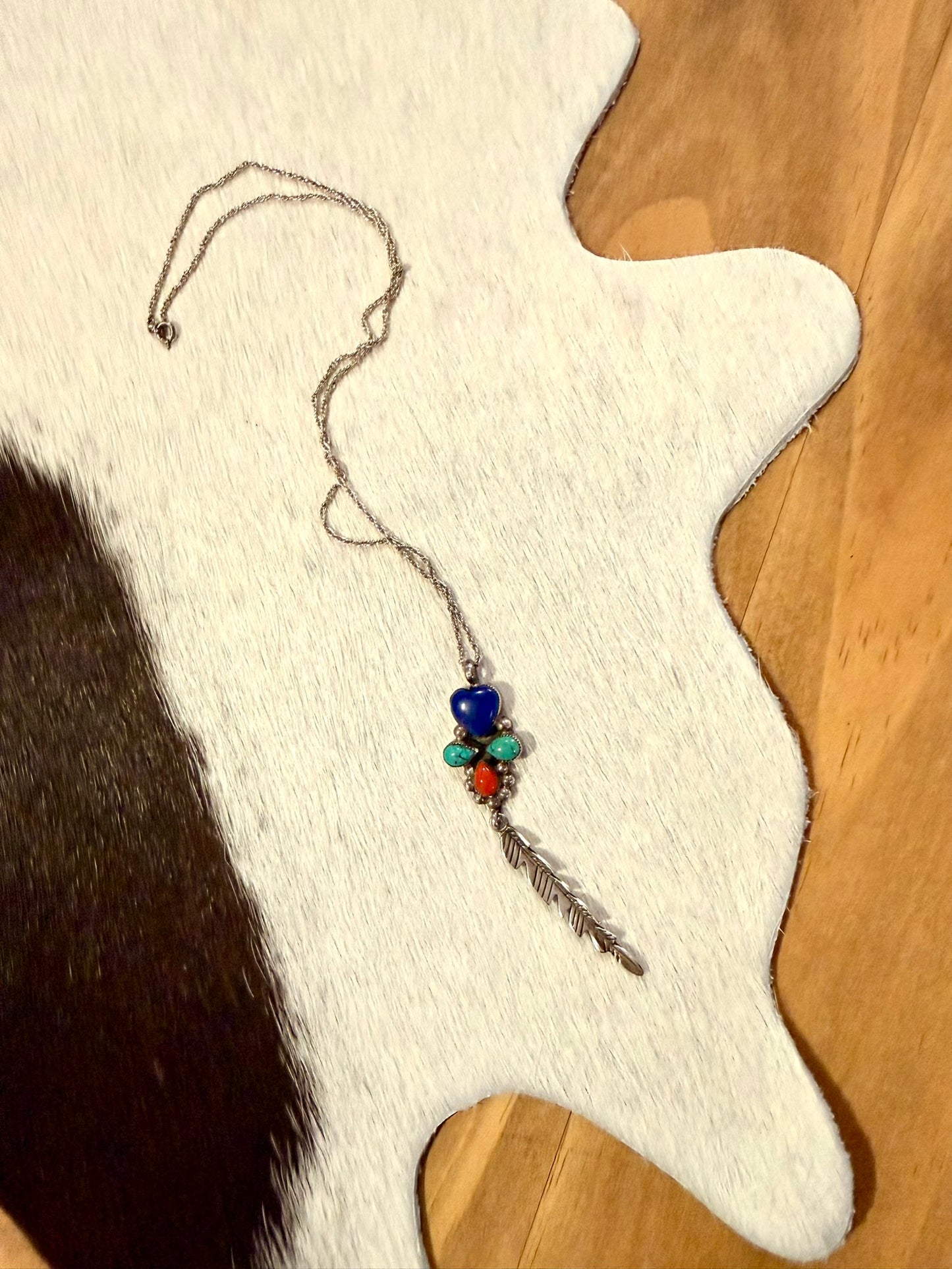 Lapis Heart, Turquoise and Coral Feather Necklace