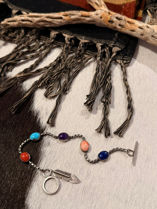 Multi Stone Inlay Box Link Chain Bracelet