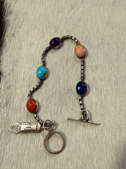 Multi Stone Inlay Box Link Chain Bracelet