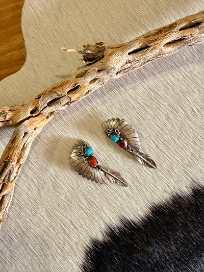 Clip On Headdress Coral and Turquoise Earrings