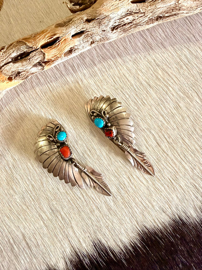 Clip On Headdress Coral and Turquoise Earrings