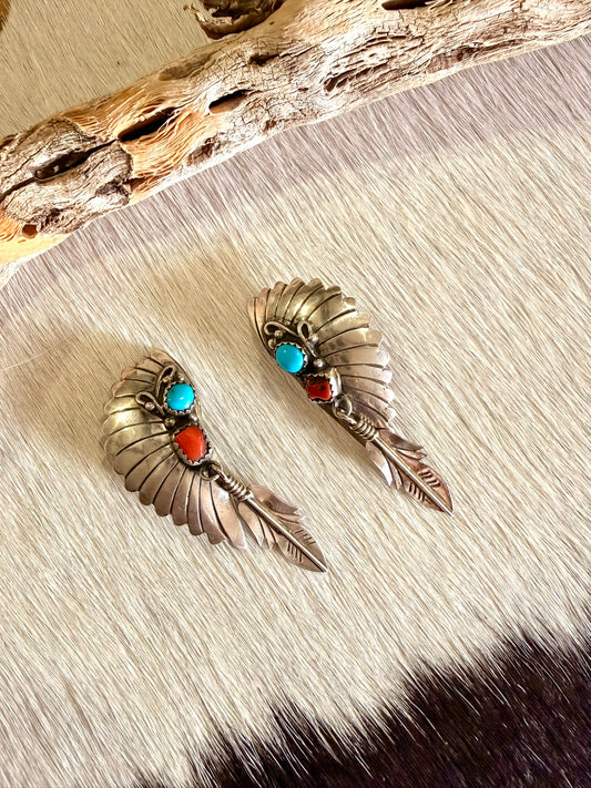 Clip On Headdress Coral and Turquoise Earrings