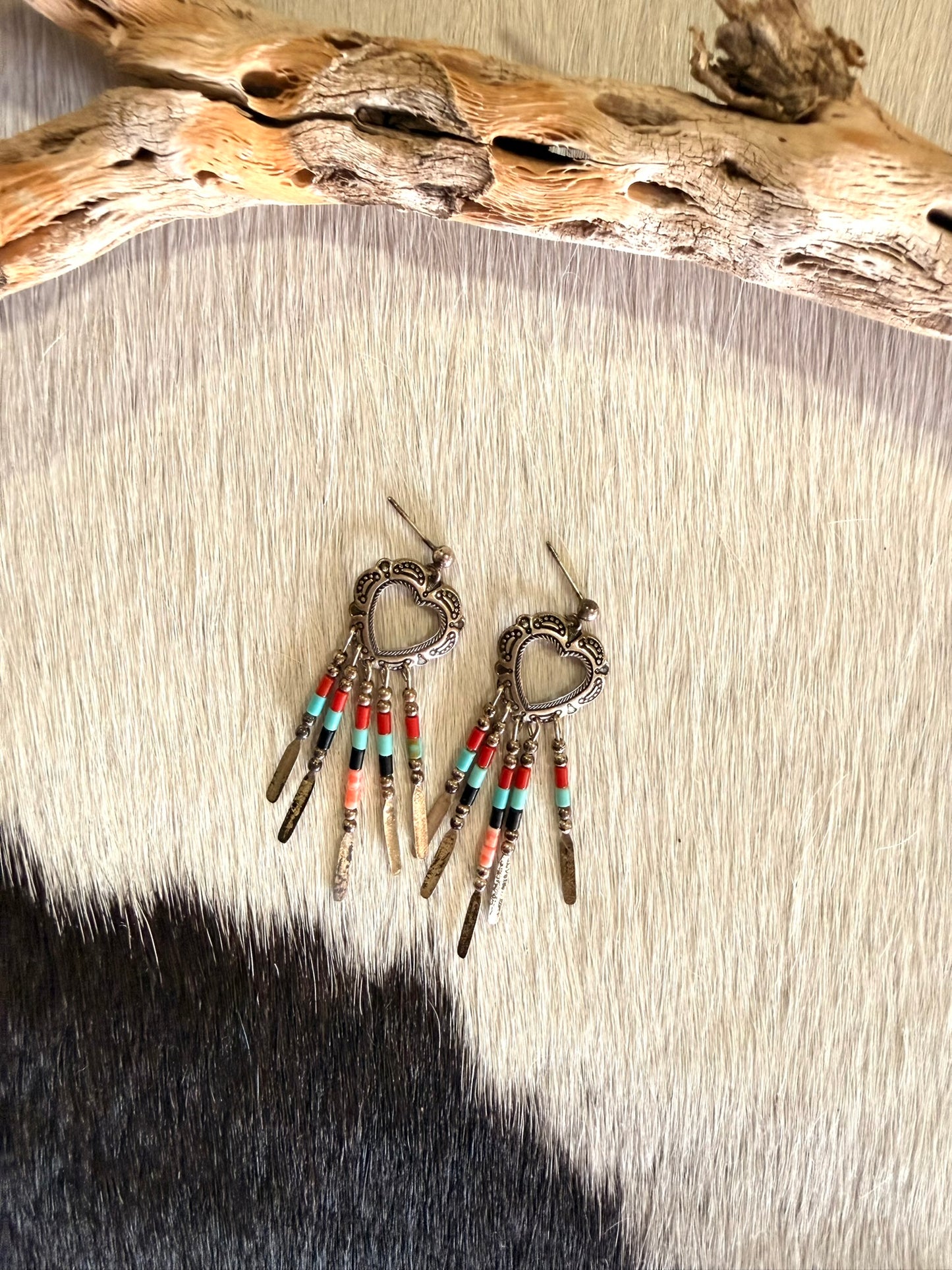 Heart Concho Beaded Dangle Earrings