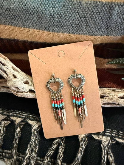Heart Concho Beaded Dangle Earrings