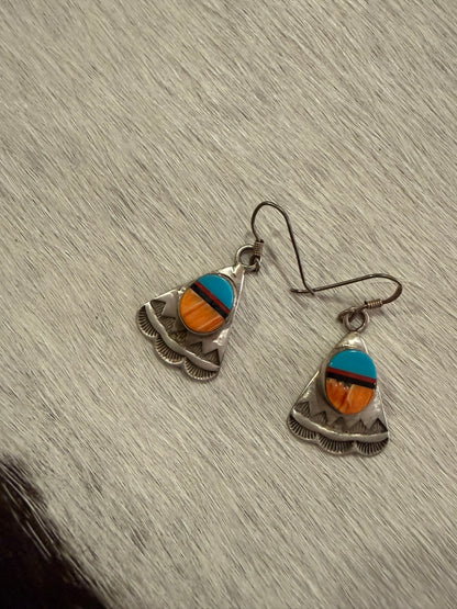 Spiny Oyster and Turquoise Stamped Fan Earrings