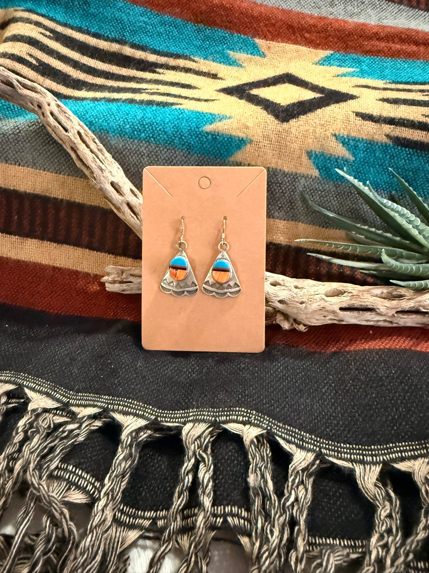 Spiny Oyster and Turquoise Stamped Fan Earrings