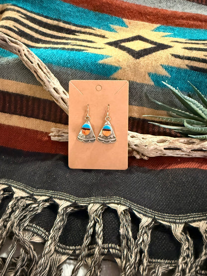 Spiny Oyster and Turquoise Stamped Fan Earrings