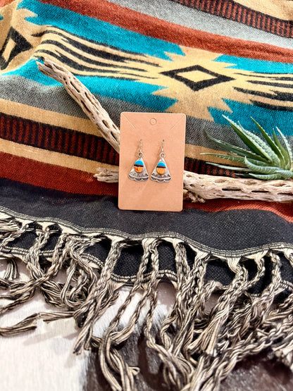 Spiny Oyster and Turquoise Stamped Fan Earrings