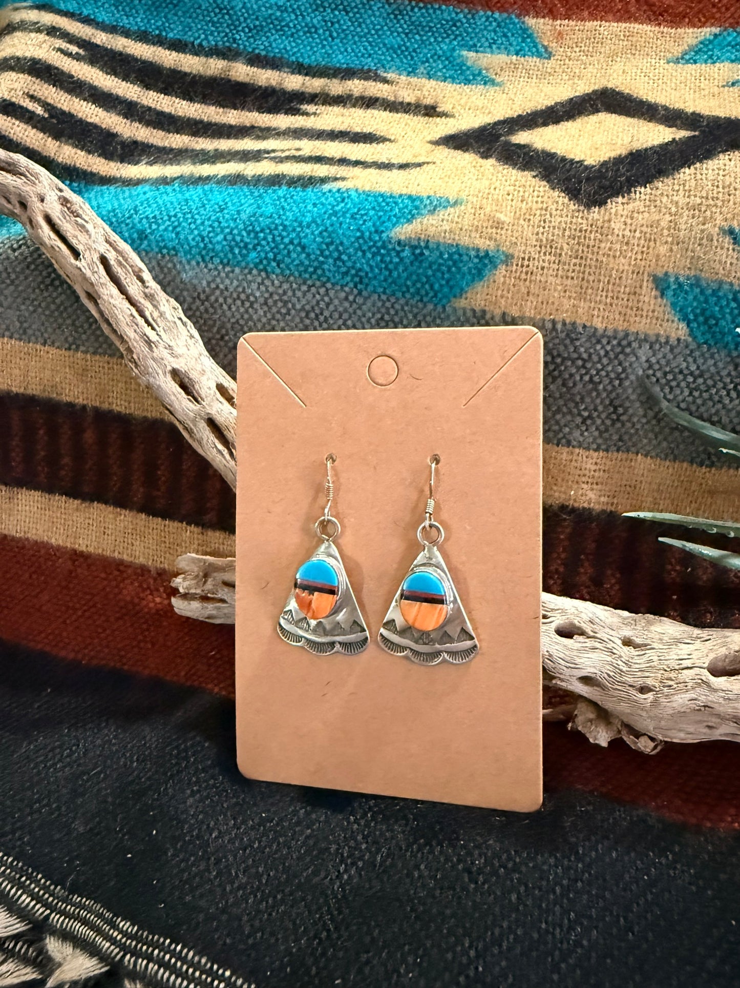 Spiny Oyster and Turquoise Stamped Fan Earrings