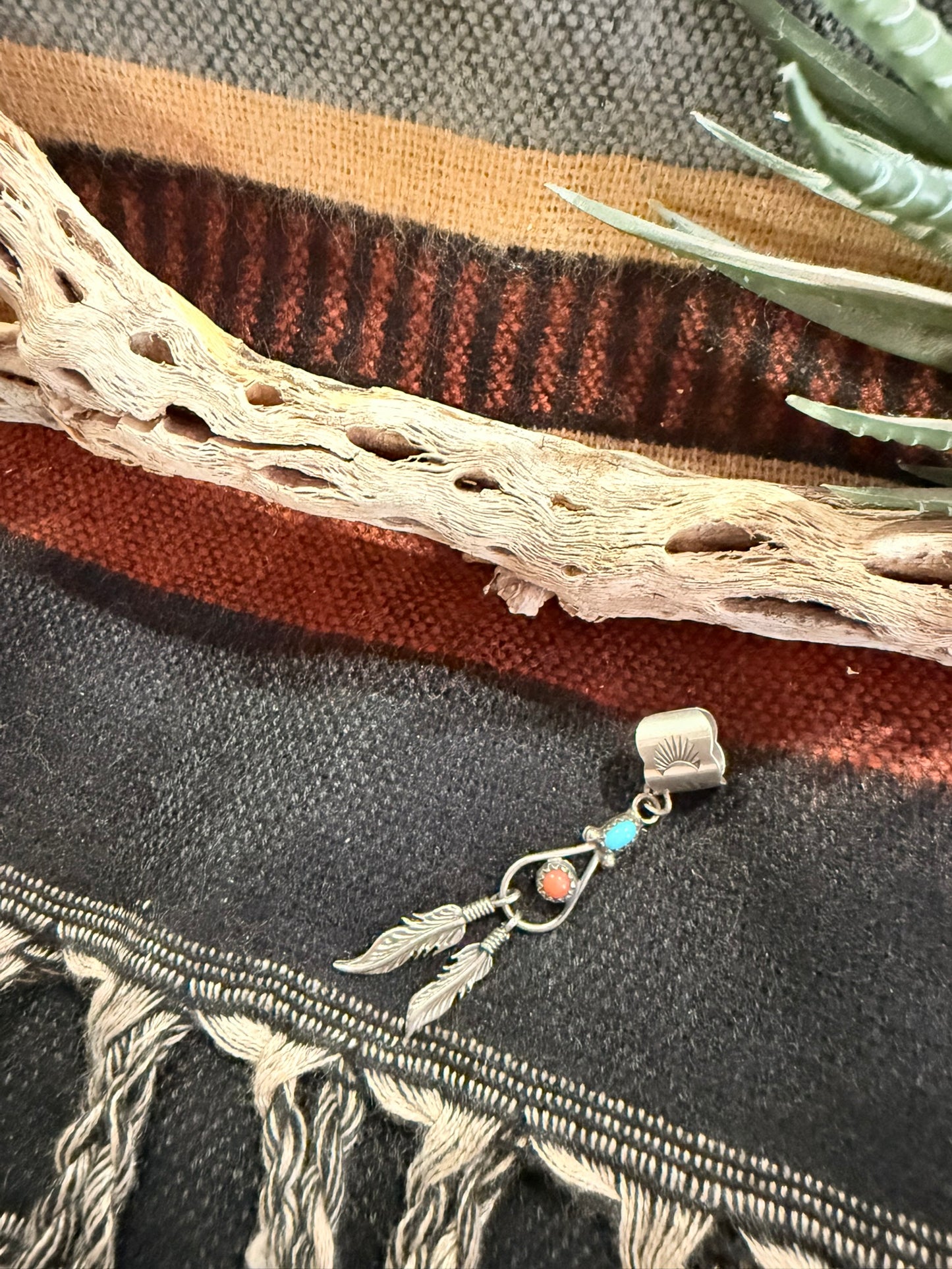 Ear Cuff Turquoise and Coral Feather
