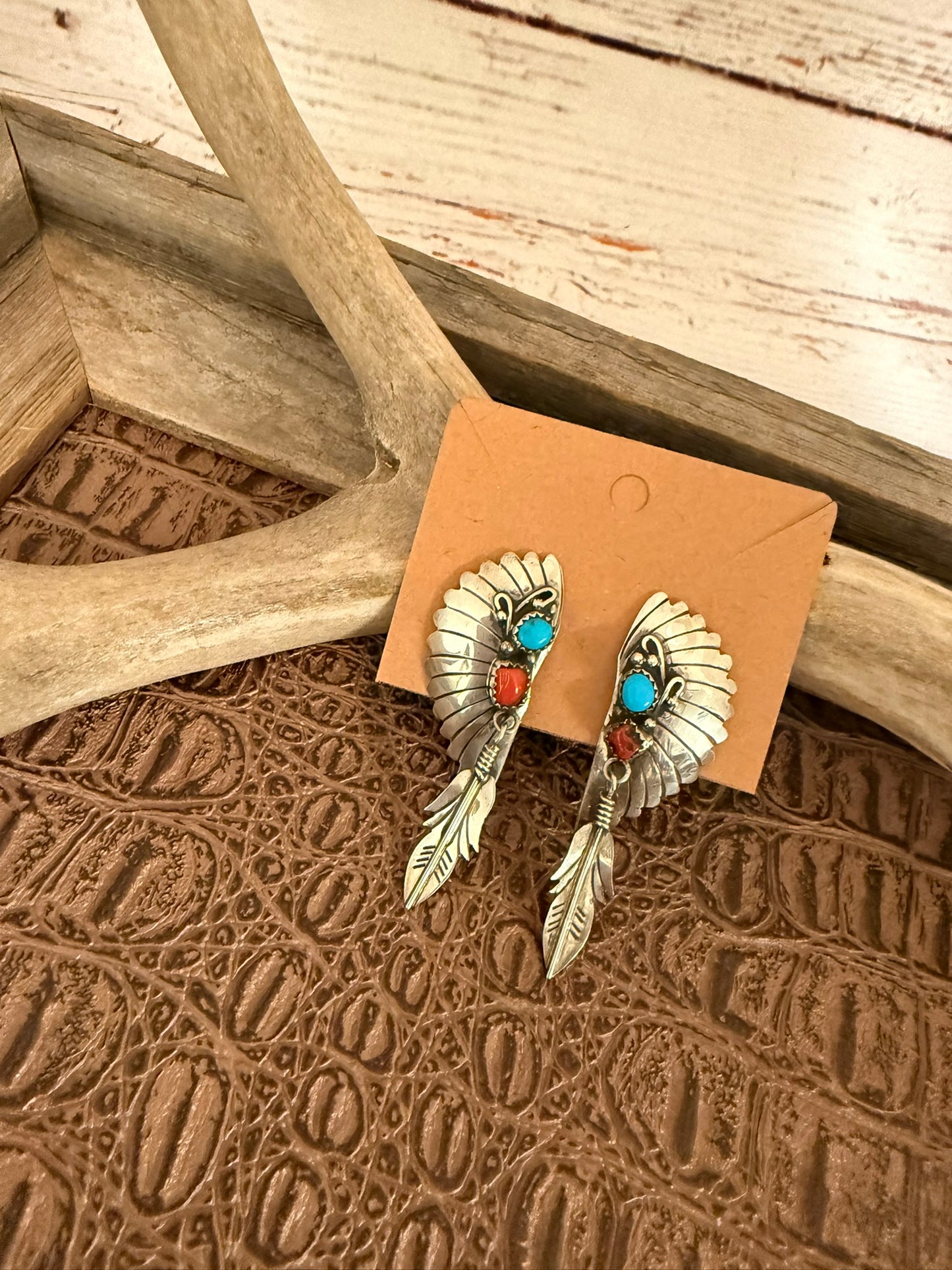 Clip On Headdress Coral and Turquoise Earrings