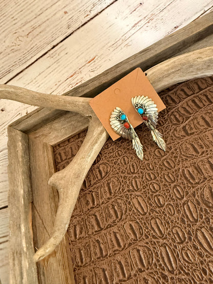 Clip On Headdress Coral and Turquoise Earrings