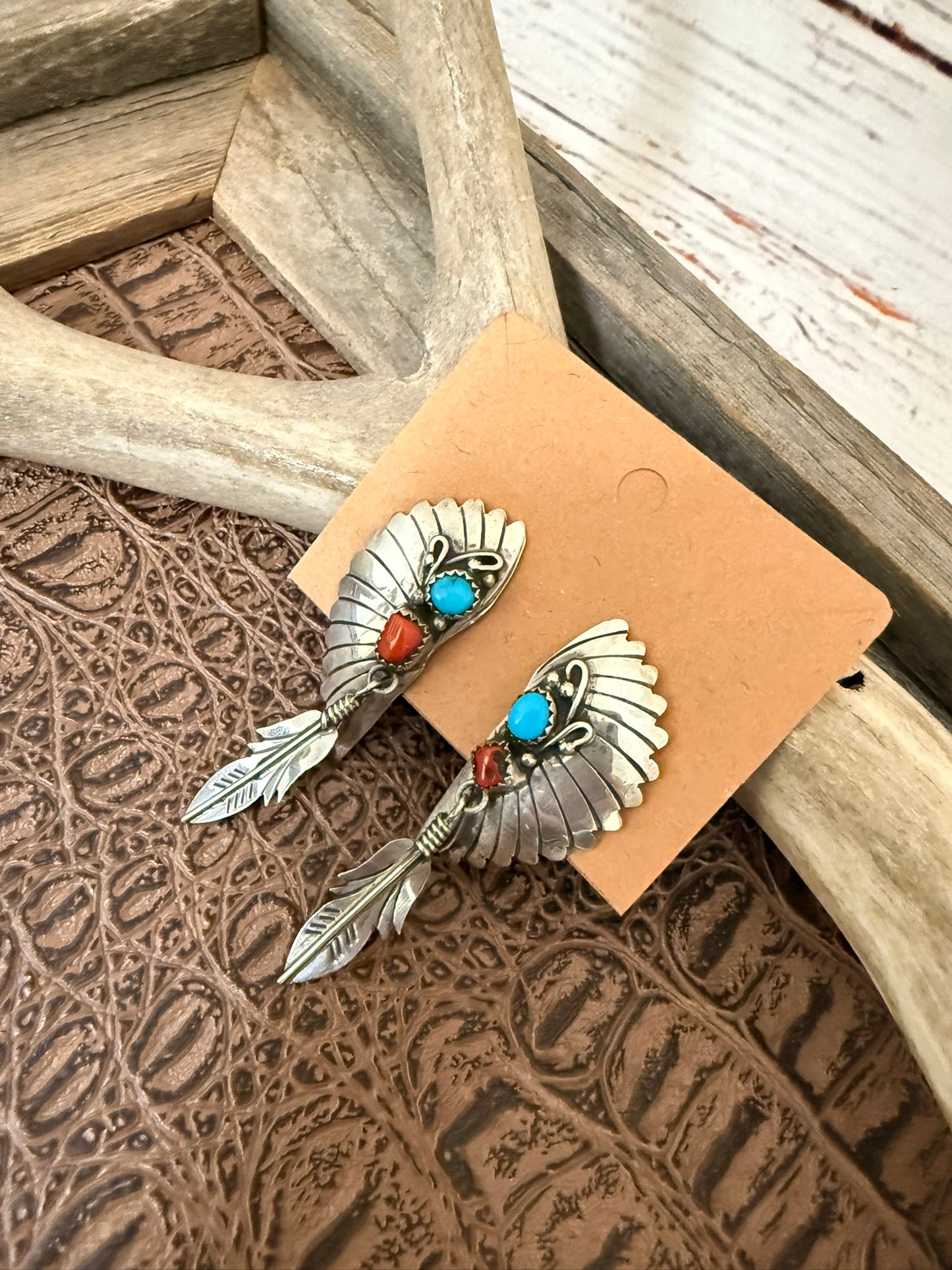 Clip On Headdress Coral and Turquoise Earrings