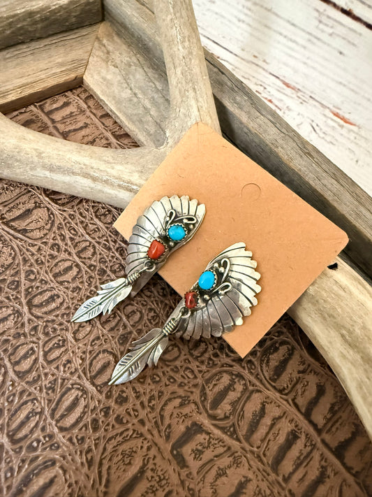 Clip On Headdress Coral and Turquoise Earrings