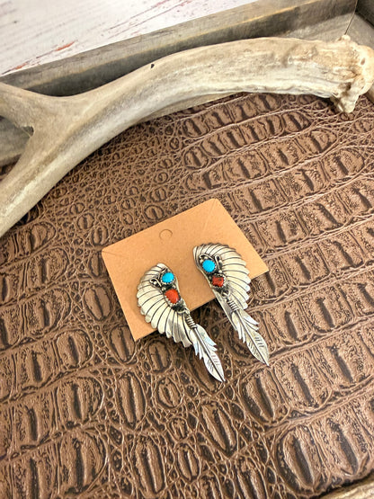 Clip On Headdress Coral and Turquoise Earrings