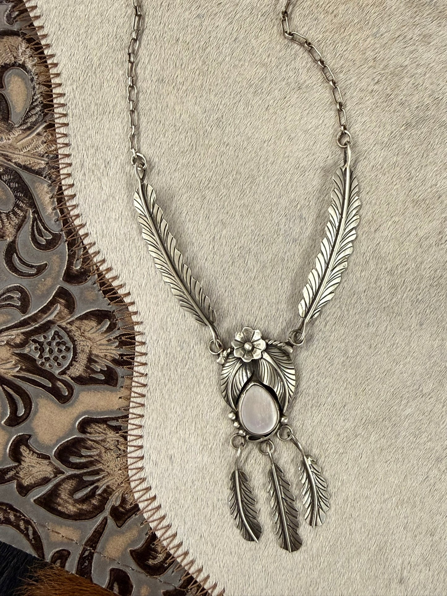Mother of Pearl and Feather Necklace