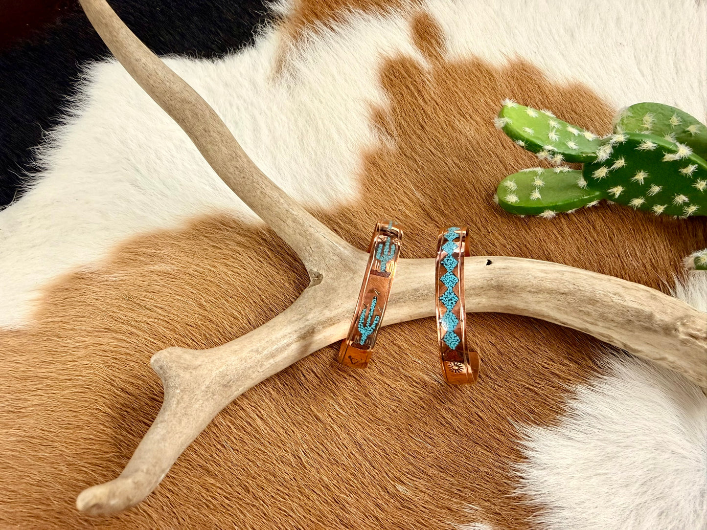 Copper Turquoise and Coral Inlay Cactus Pattern Cuff