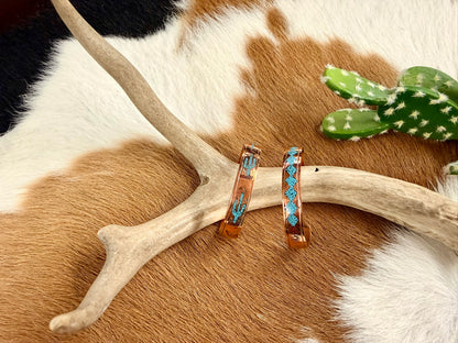 Copper Turquoise and Coral Inlay Cactus Pattern Cuff
