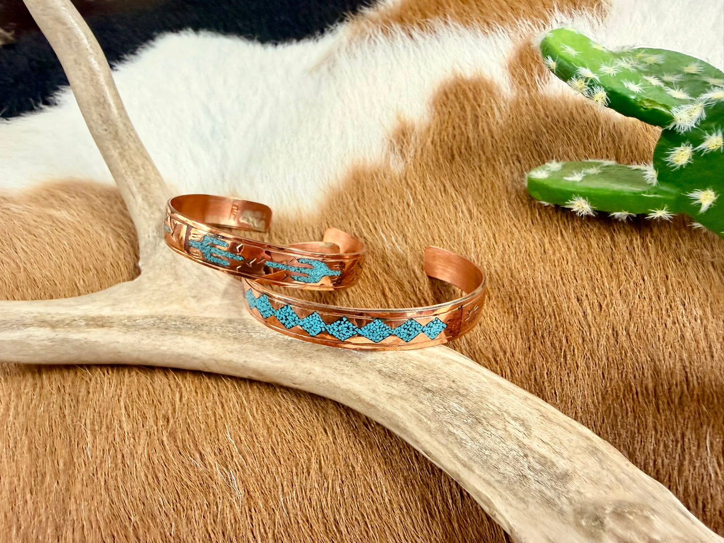 Copper Turquoise and Coral Inlay Cactus Pattern Cuff