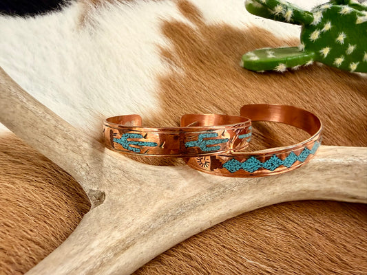 Copper Turquoise and Coral Inlay Cactus Pattern Cuff