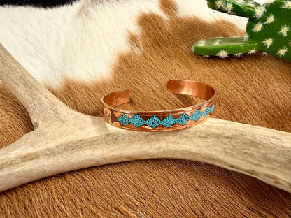 Copper Turquoise and Coral Inlay Diamond Pattern Cuff