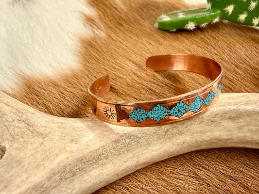 Copper Turquoise and Coral Inlay Diamond Pattern Cuff