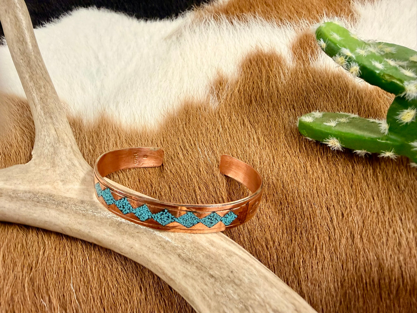 Copper Turquoise and Coral Inlay Diamond Pattern Cuff