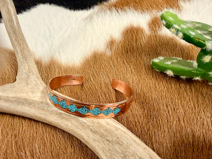 Copper Turquoise and Coral Inlay Diamond Pattern Cuff