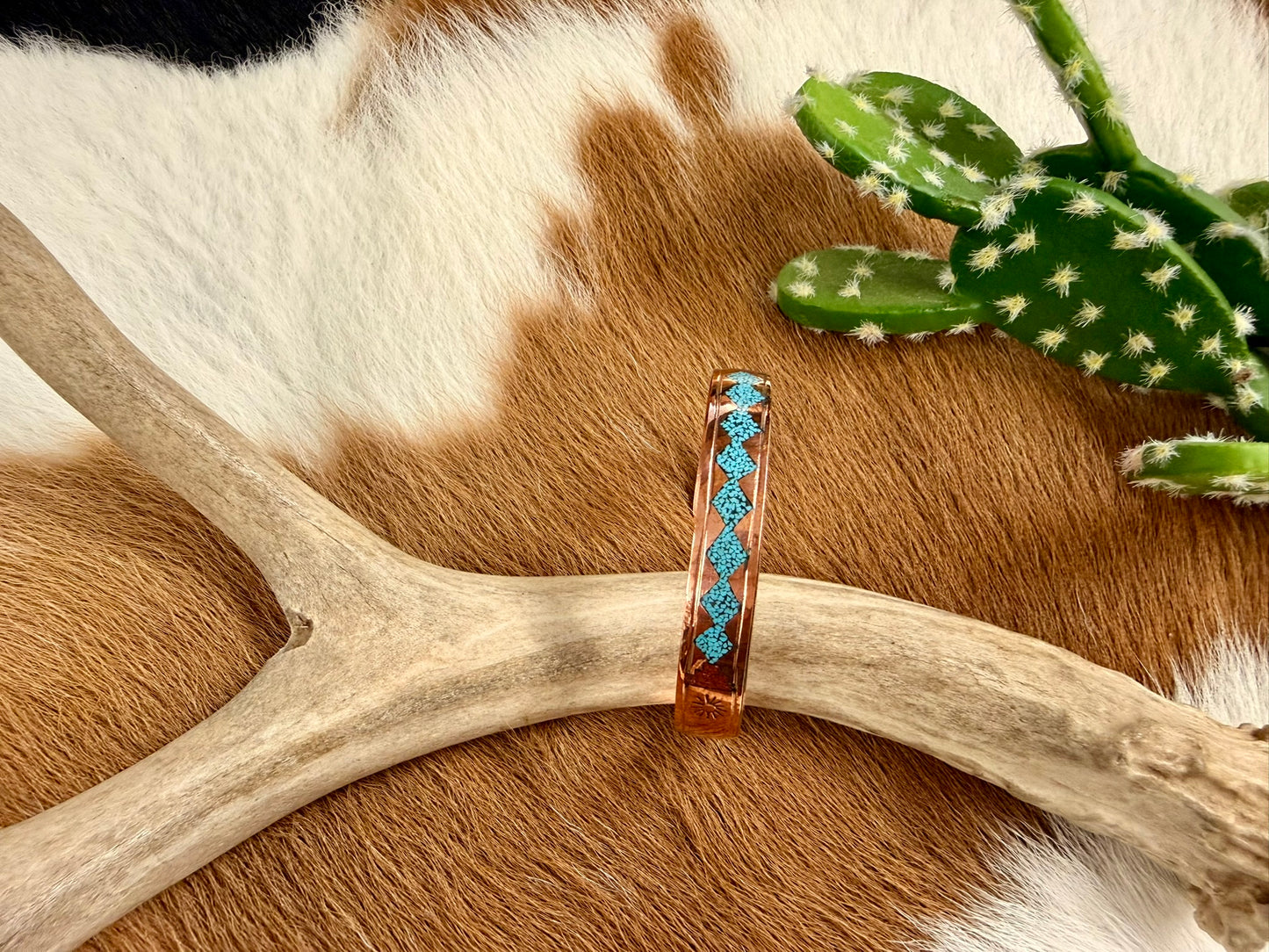 Copper Turquoise and Coral Inlay Diamond Pattern Cuff