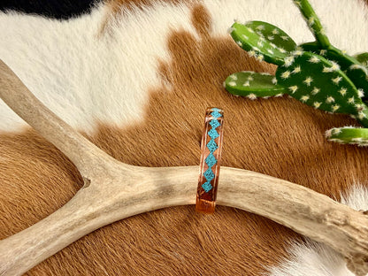 Copper Turquoise and Coral Inlay Diamond Pattern Cuff
