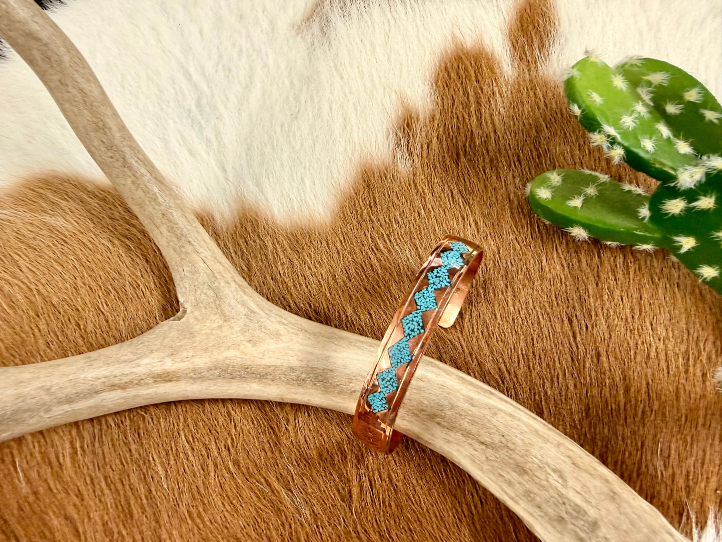 Copper Turquoise and Coral Inlay Diamond Pattern Cuff