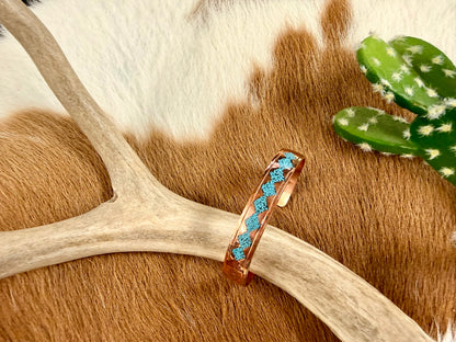 Copper Turquoise and Coral Inlay Diamond Pattern Cuff