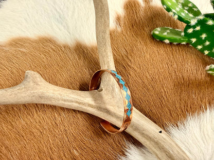 Copper Turquoise and Coral Inlay Diamond Pattern Cuff